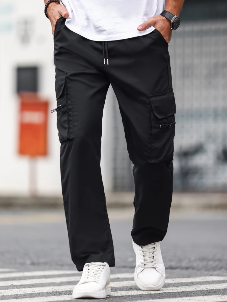 Pantalon cargo noir pour homme, coupe droite