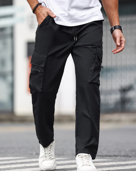 Pantalon cargo noir pour homme, coupe droite